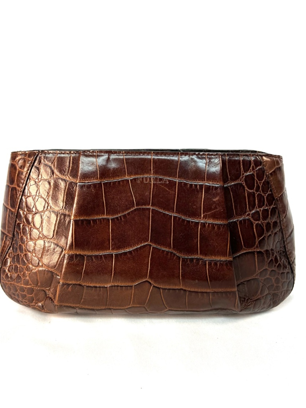 Furla Croc Embossed Leather Clutch Brown Pochette Y2K Italy